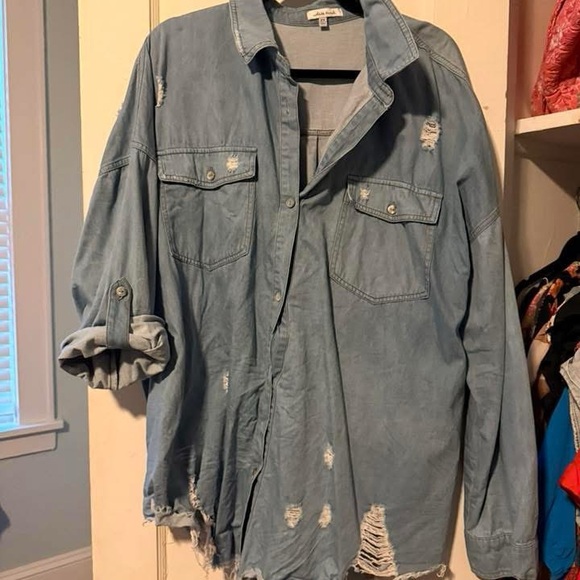 white birch Tops - white birch Distressed Light Blue Button-Down Shirt